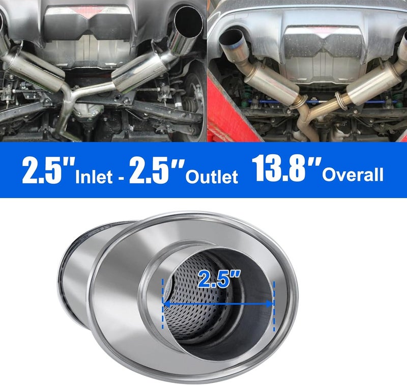 Floshine 2.5'' Stainless Steel Resonator, 2.5'' inlet/outlet, Universal 13.8'' Overall Straight Through Design Exhaust Resonator - Image 5